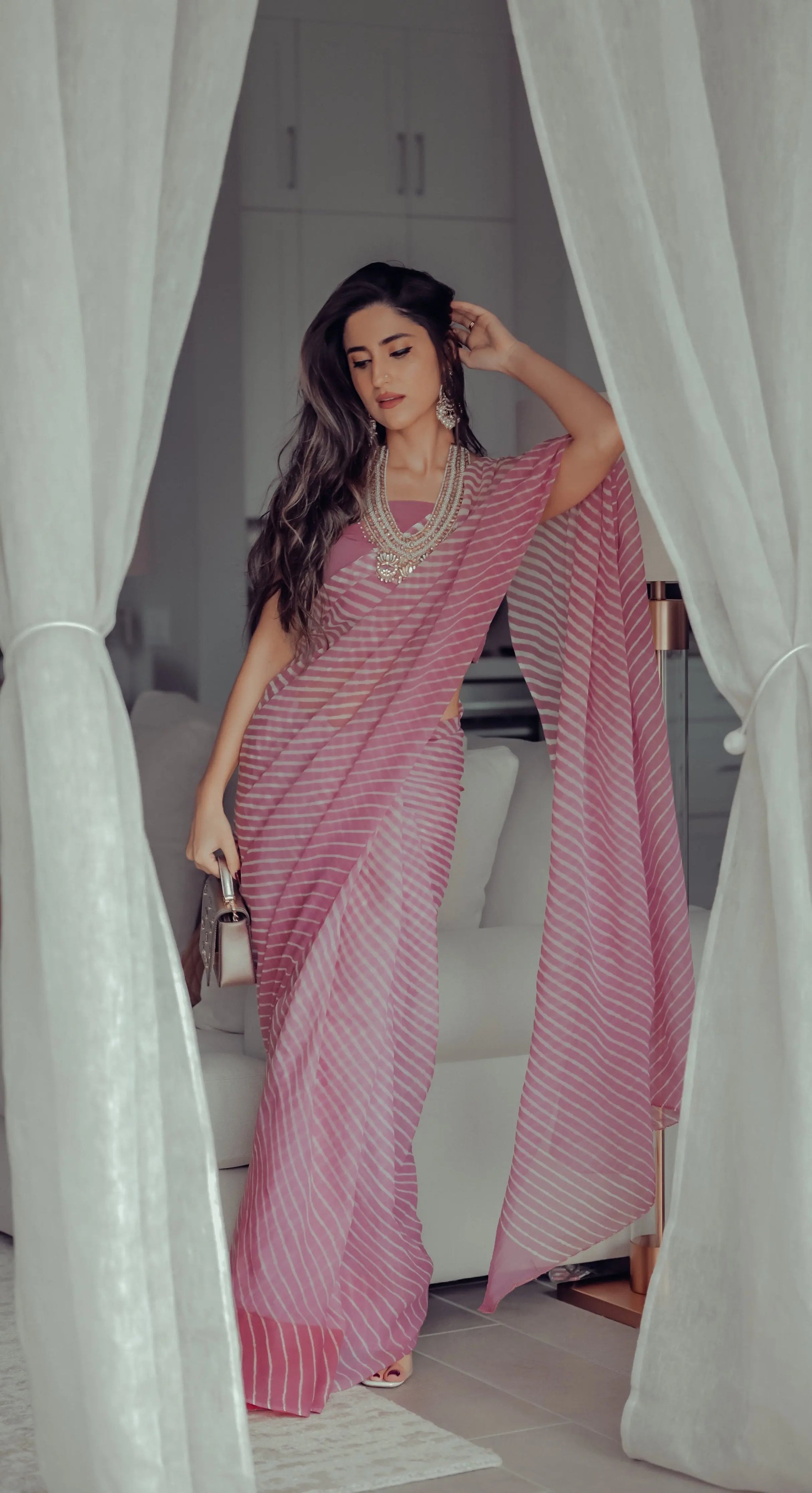 Sophia Dusty Pink Leheriya Pure Chiffon Saree My Store