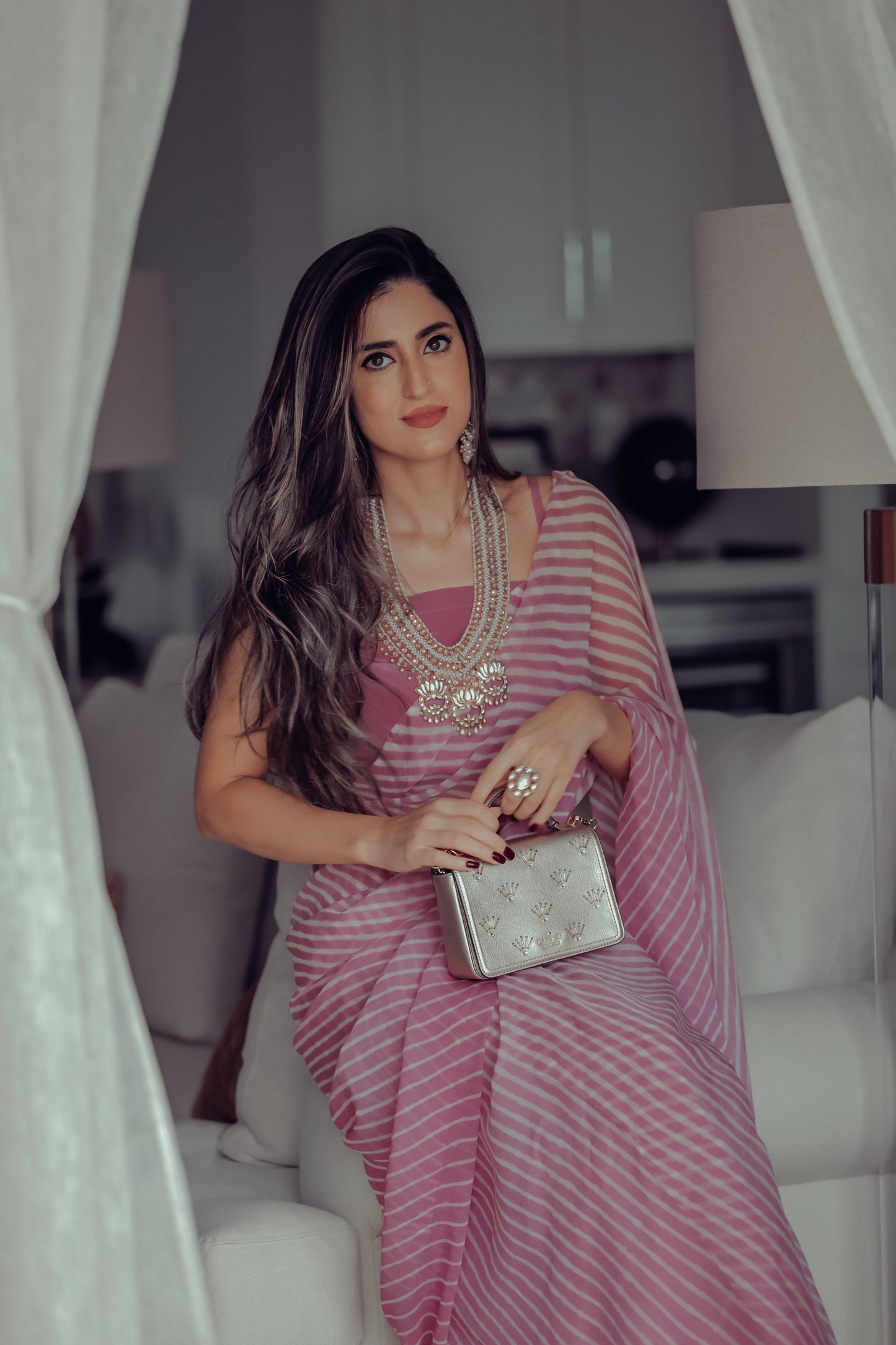 Sophia Dusty Pink Leheriya Pure Chiffon Saree Quick Cart