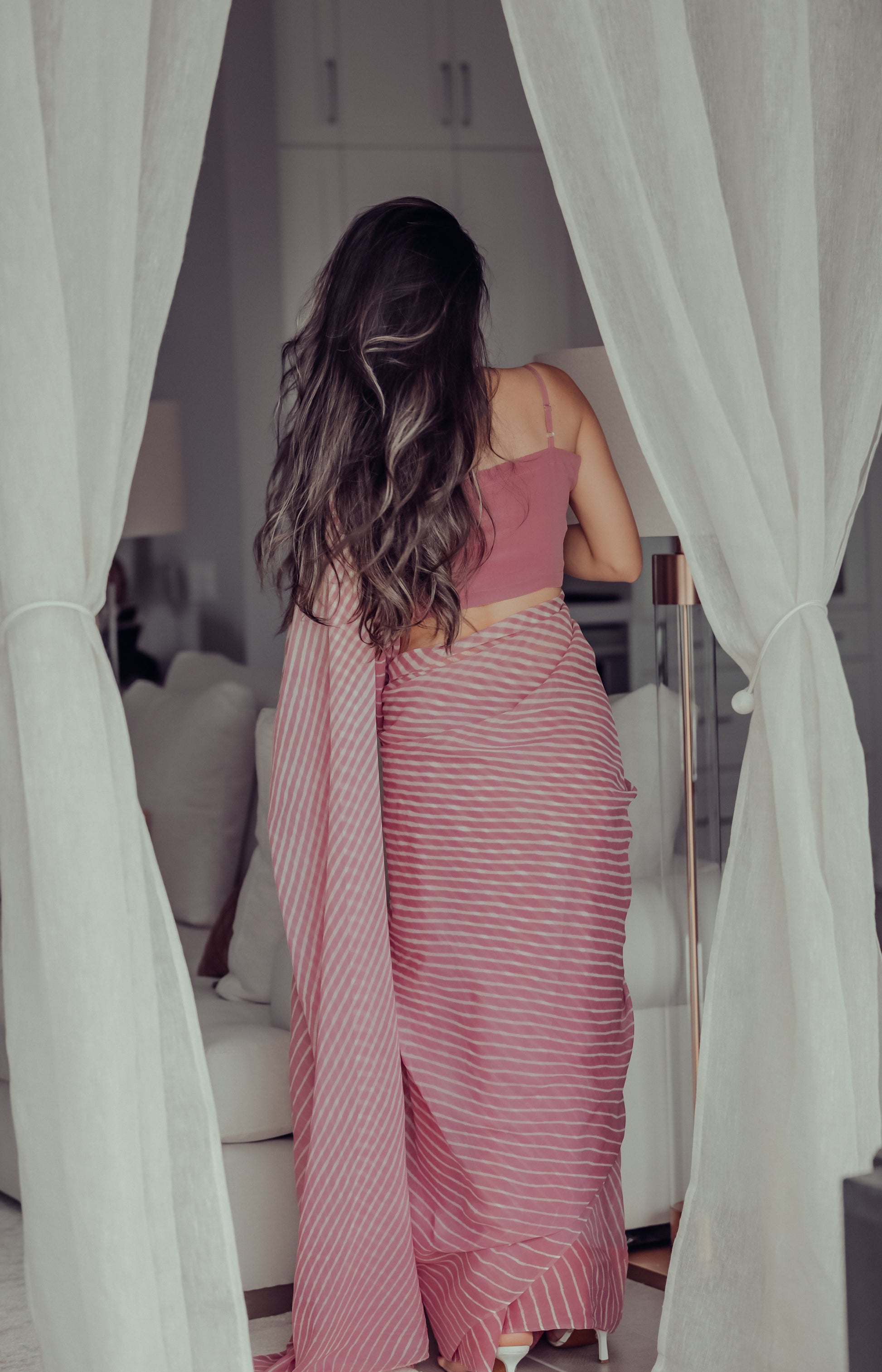 Sophia Dusty Pink Leheriya Pure Chiffon Saree Quick Cart