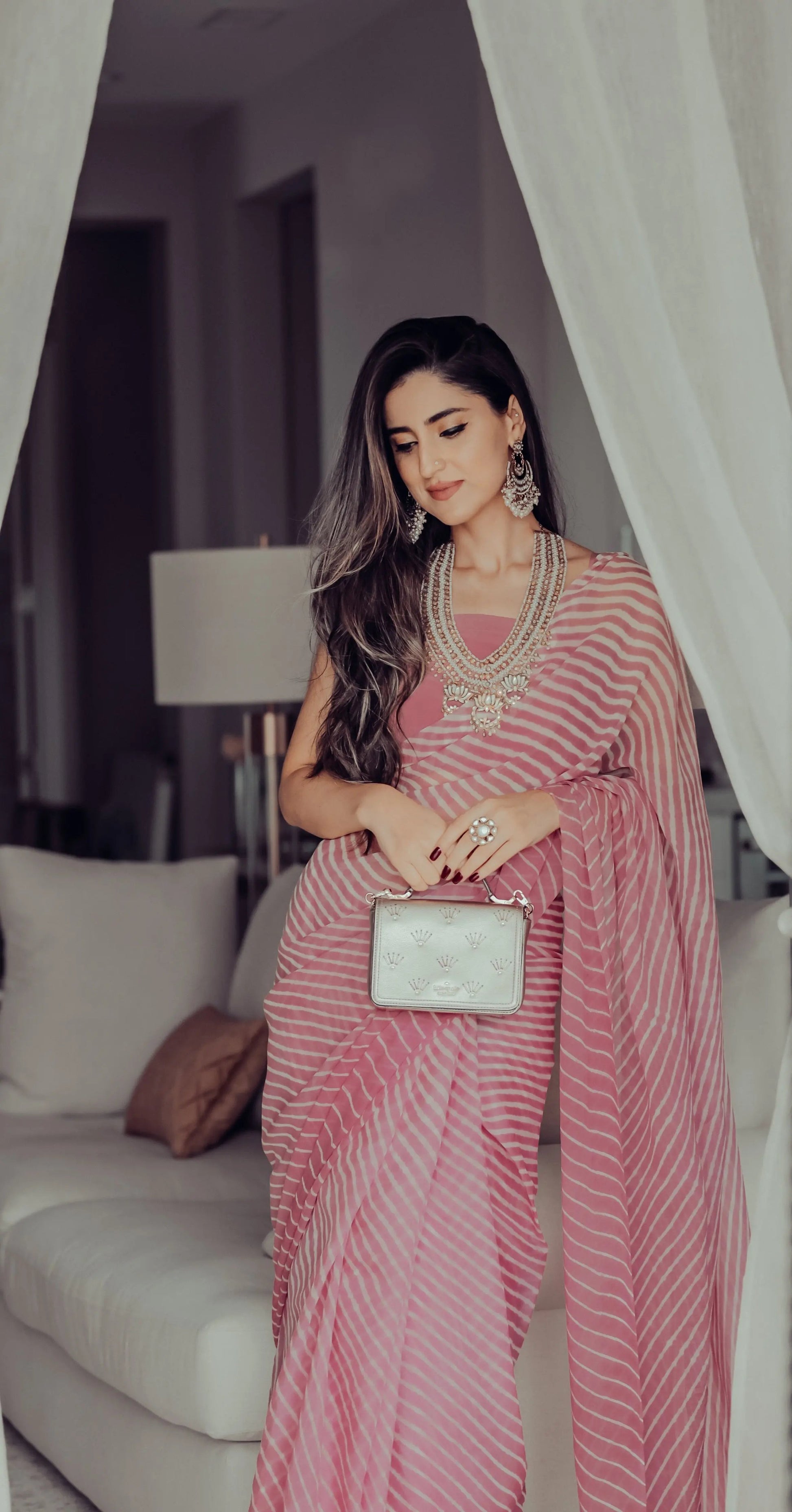 Sophia Dusty Pink Leheriya Pure Chiffon Saree My Store