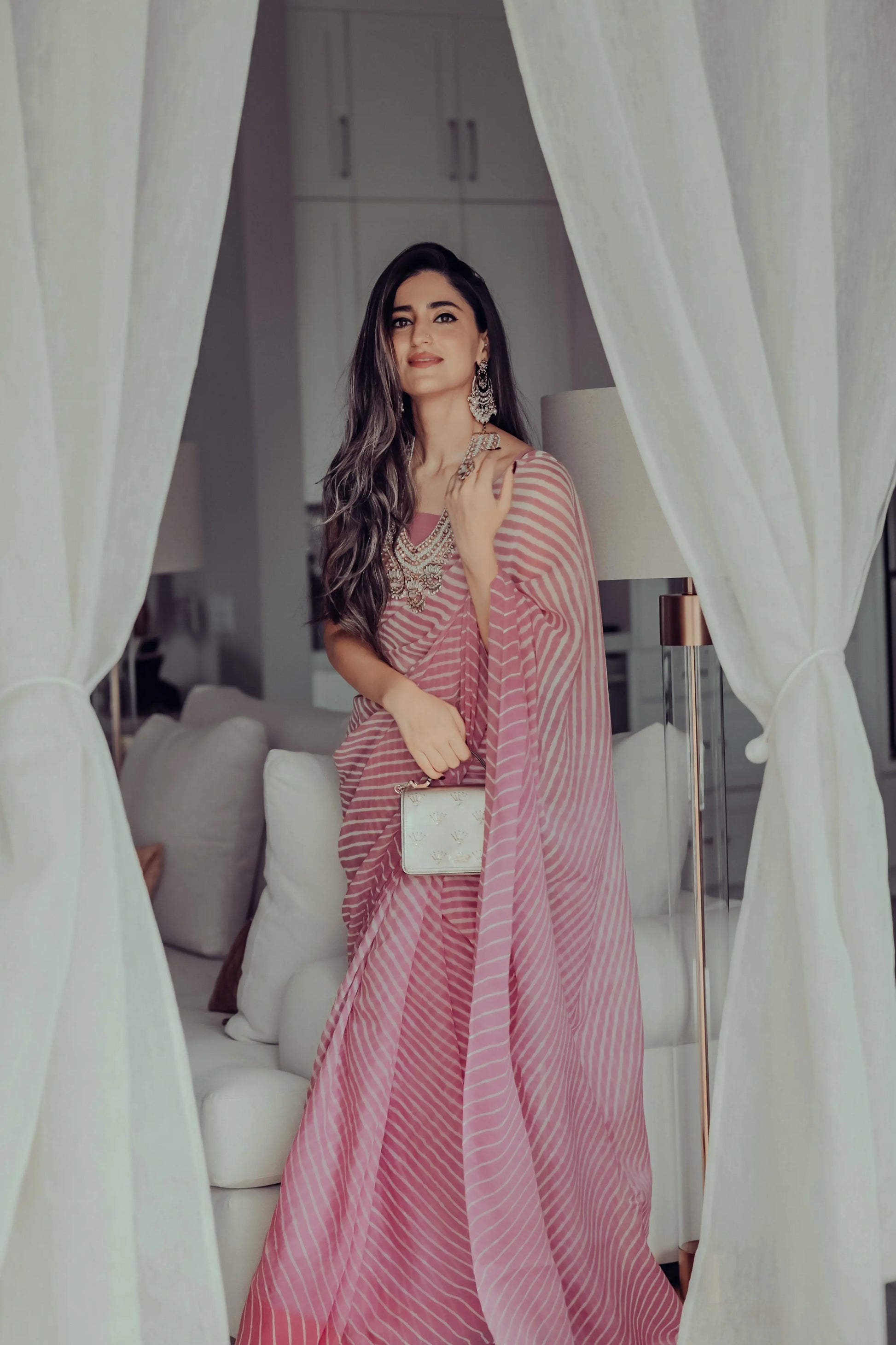 Sophia Dusty Pink Leheriya Pure Chiffon Saree My Store