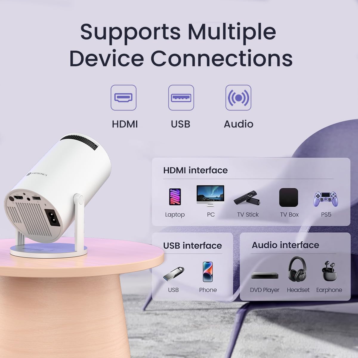 Portronics Beem 440 Smart LED Projector with 720p HD Resolution, Rotatable Design, Built-in Streaming White