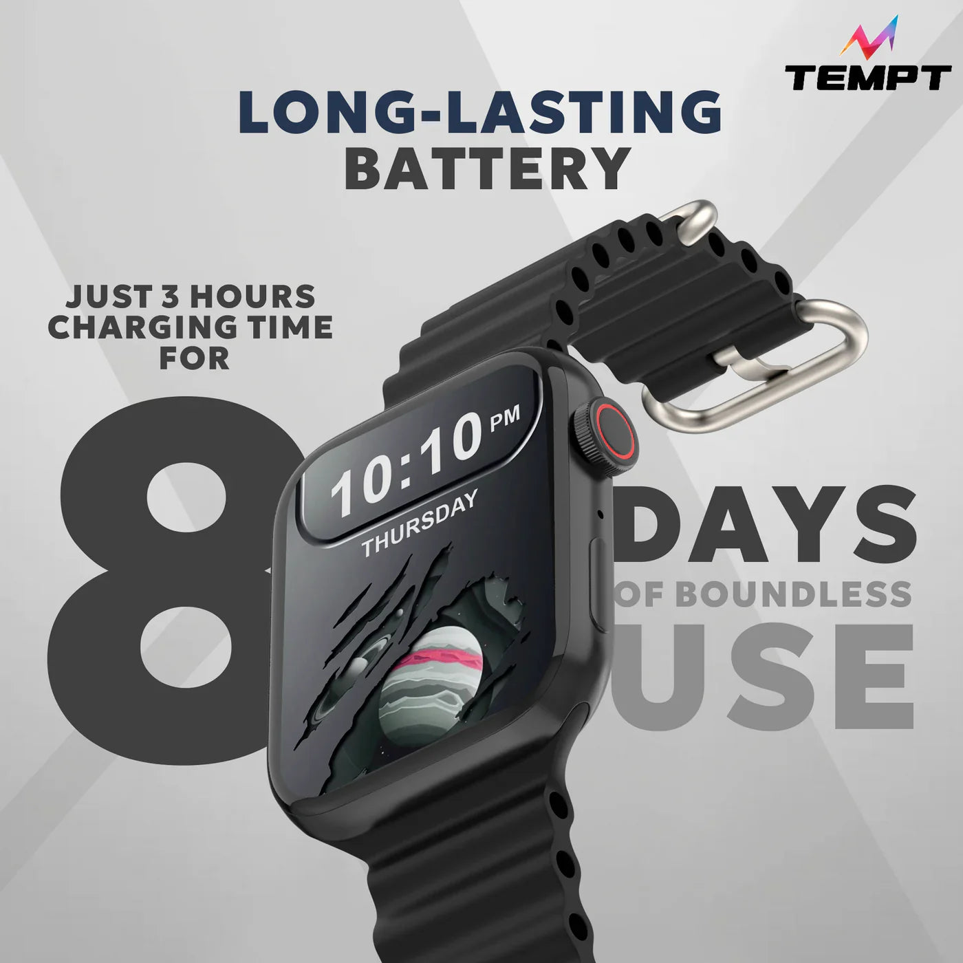 TEMPT Verge X Full Touch Unisex , SpO2 Function, Bluetooth Connectivity Smartwatch  (Blue Strap, 1.85 inch Bright IPS Display with 450 nits, Android & iOS Compatible