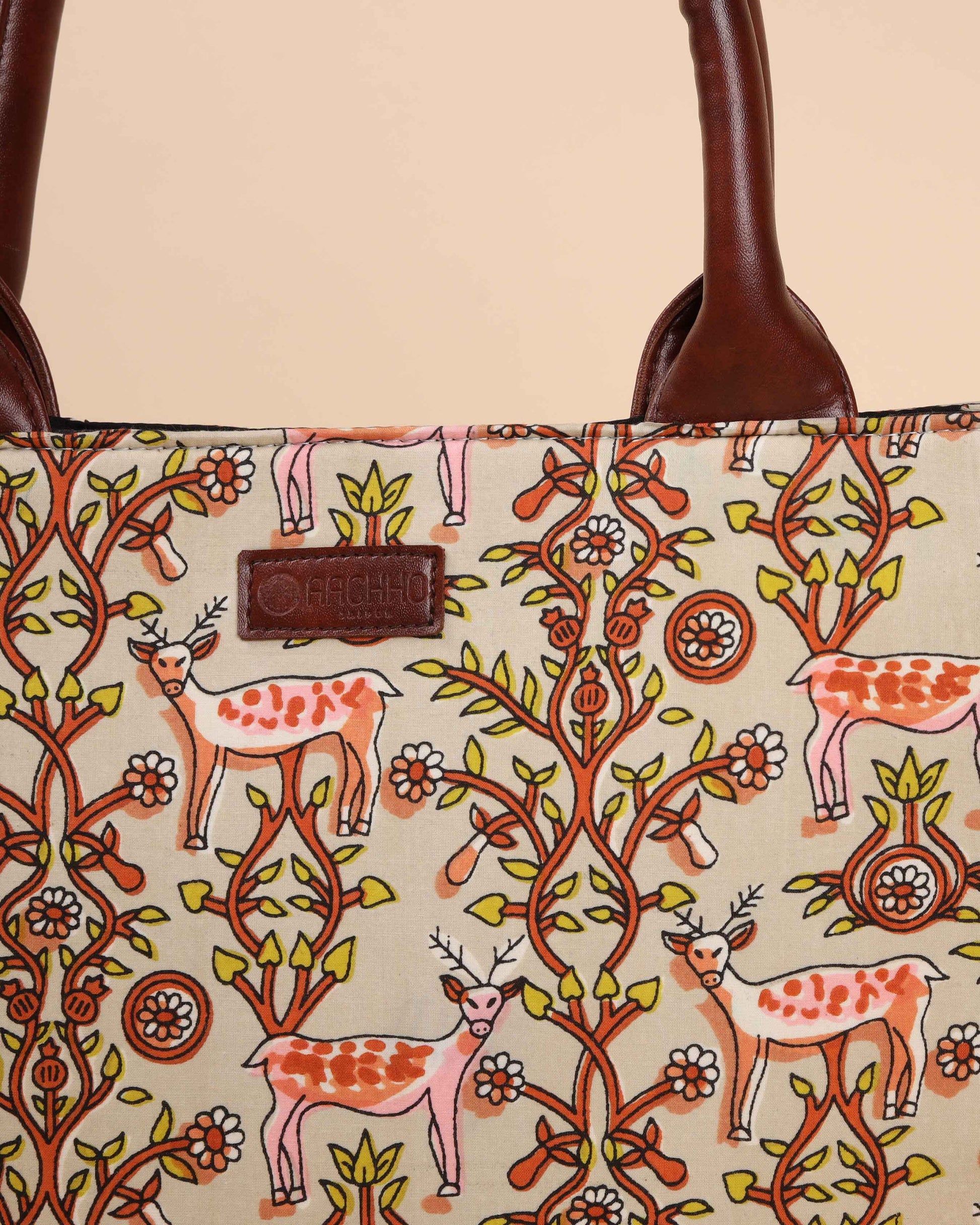 Beige Lemonade Handblock Square Tote Bag Quick Cart