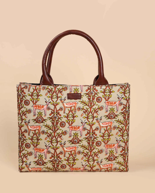 Beige Lemonade Handblock Square Tote Bag My Store