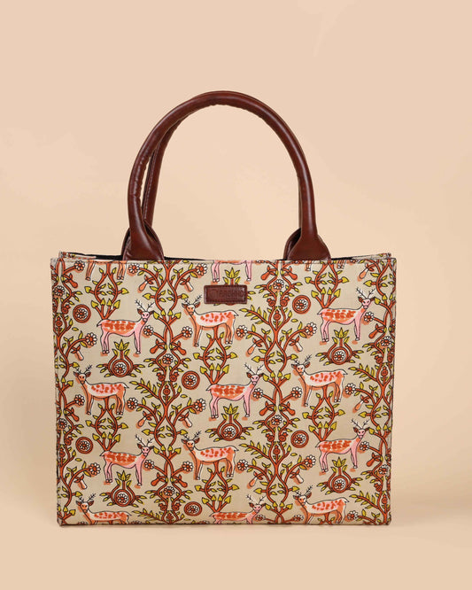 Beige Lemonade Handblock Square Tote Bag My Store