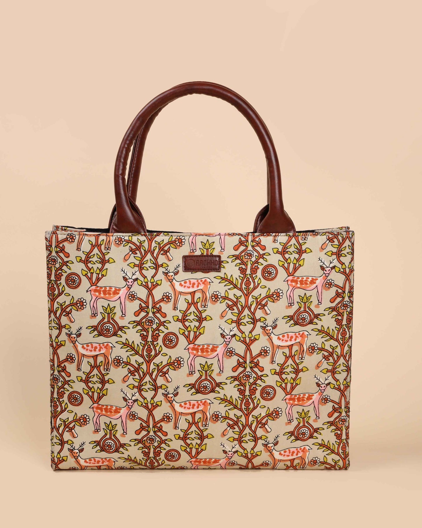 Beige Lemonade Handblock Square Tote Bag Quick Cart
