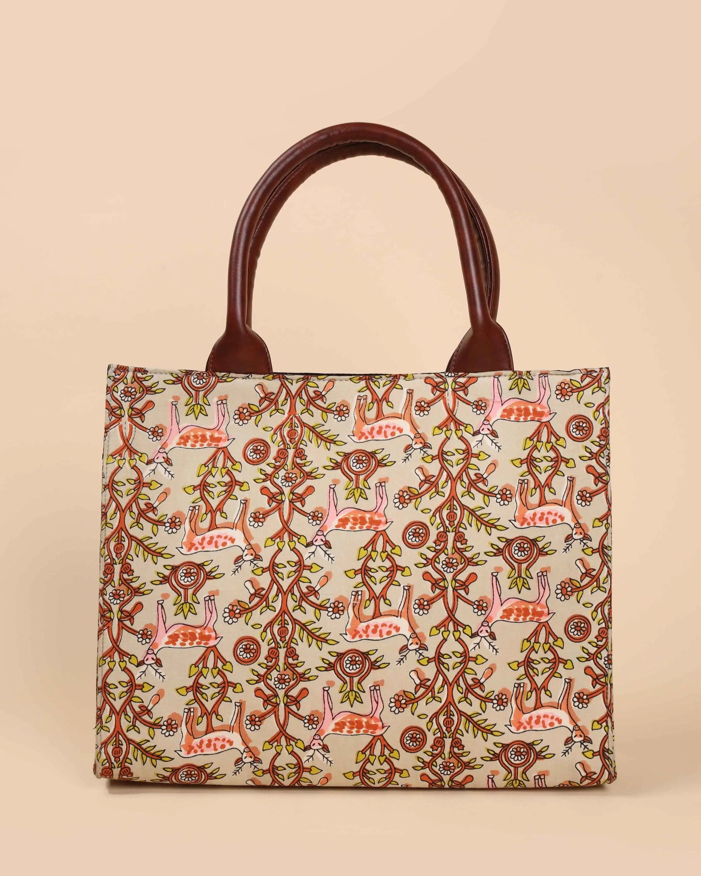 Beige Lemonade Handblock Square Tote Bag My Store