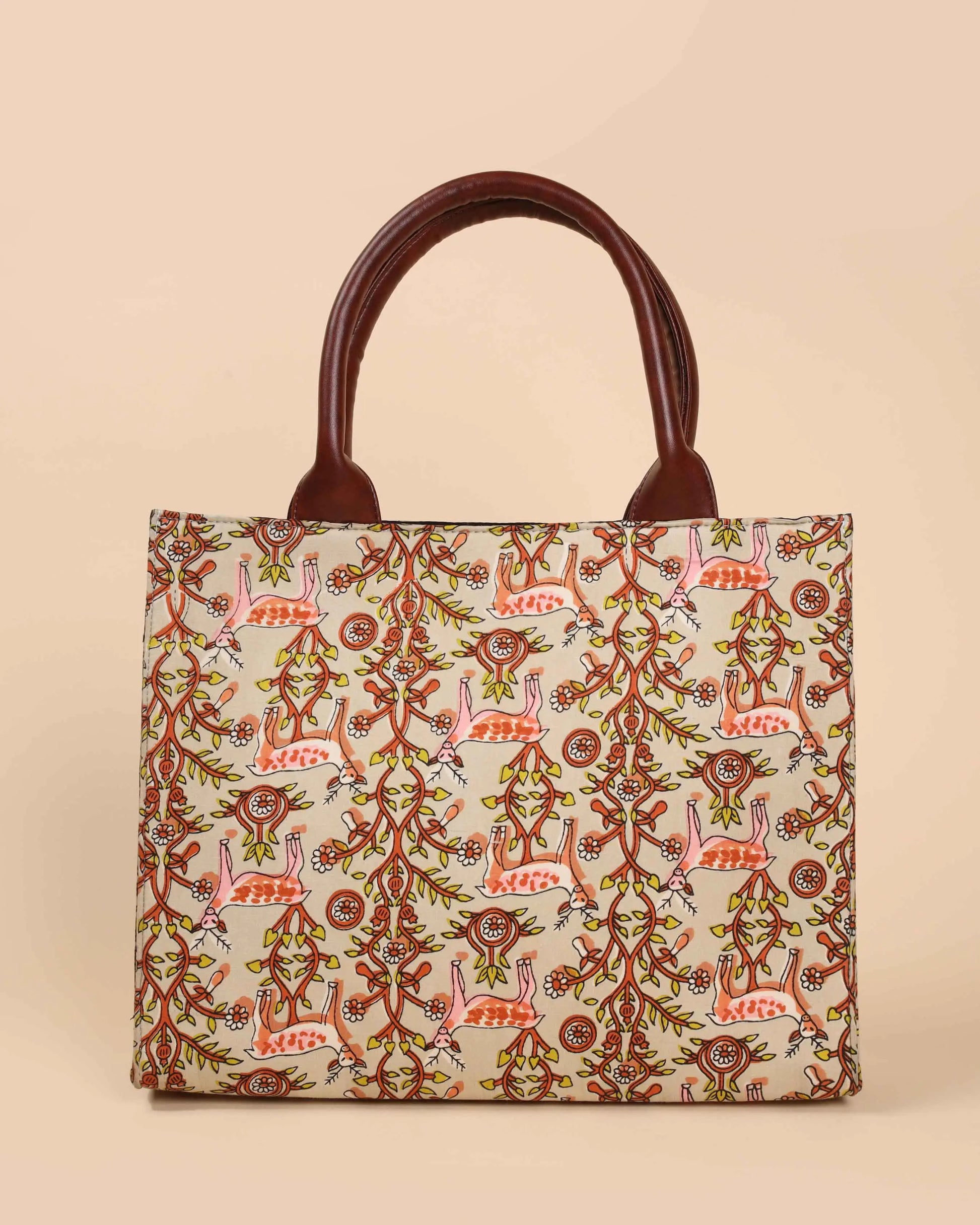 Beige Lemonade Handblock Square Tote Bag My Store