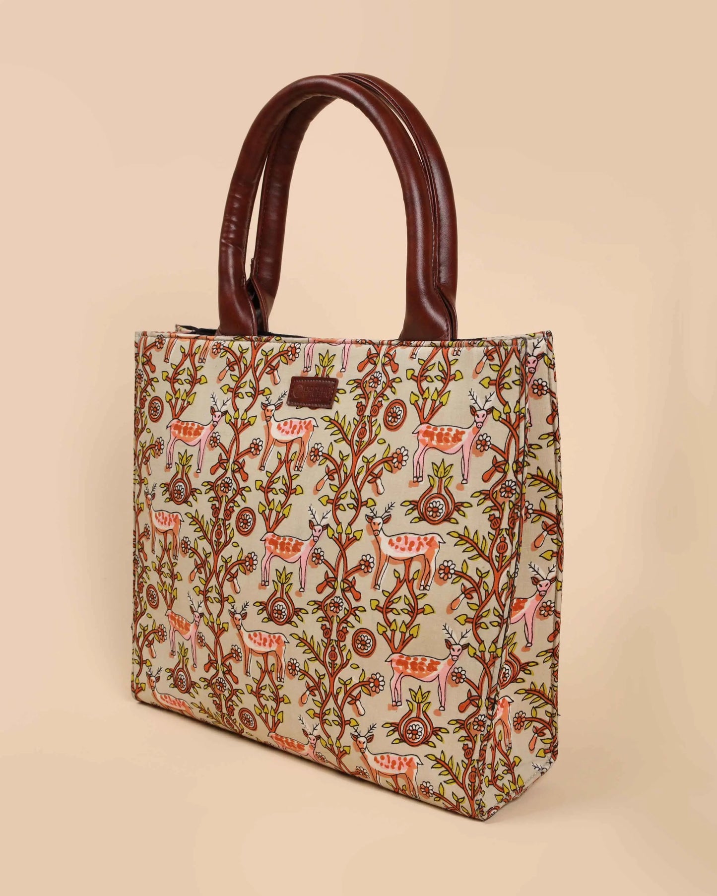 Beige Lemonade Handblock Square Tote Bag My Store