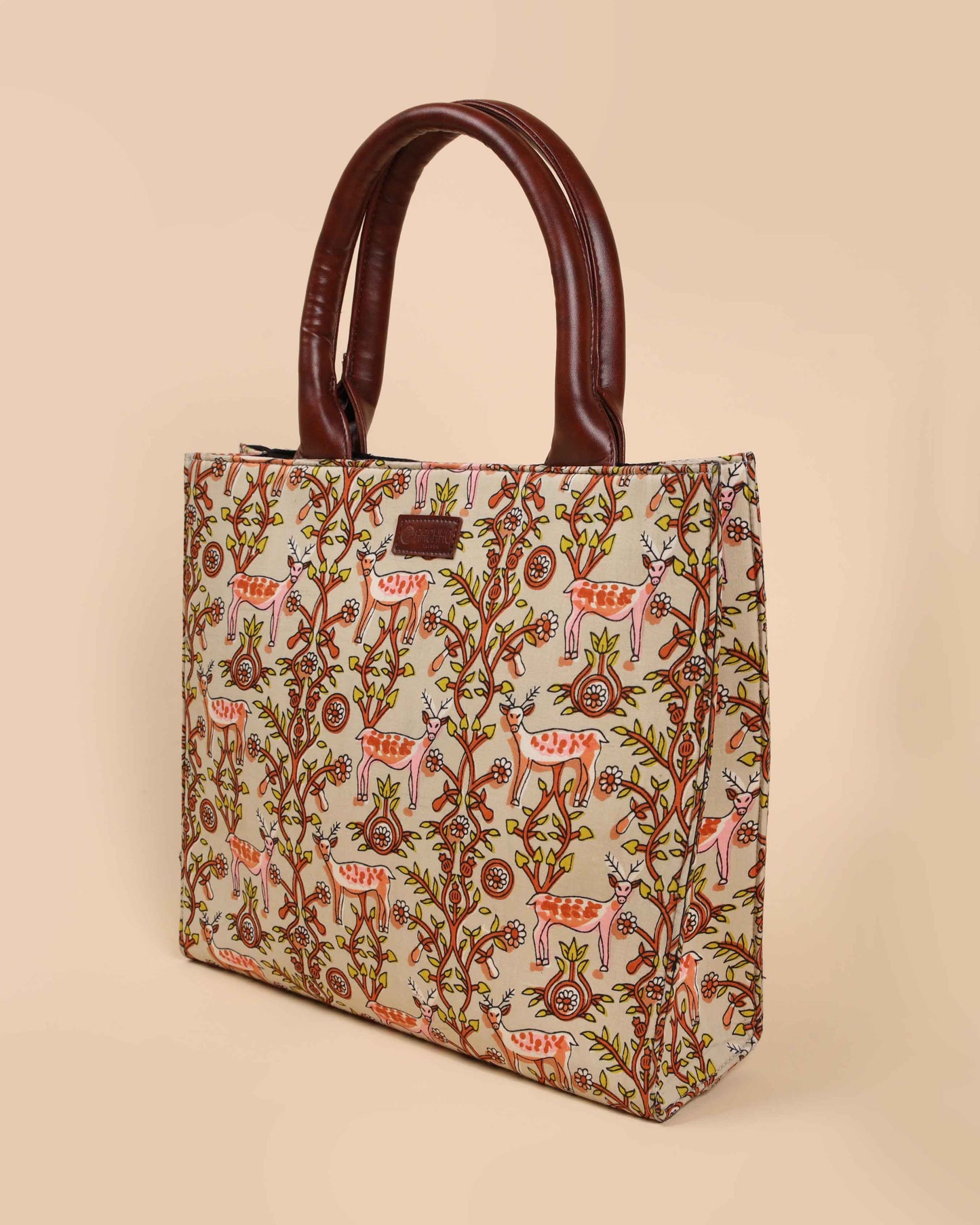 Beige Lemonade Handblock Square Tote Bag Quick Cart