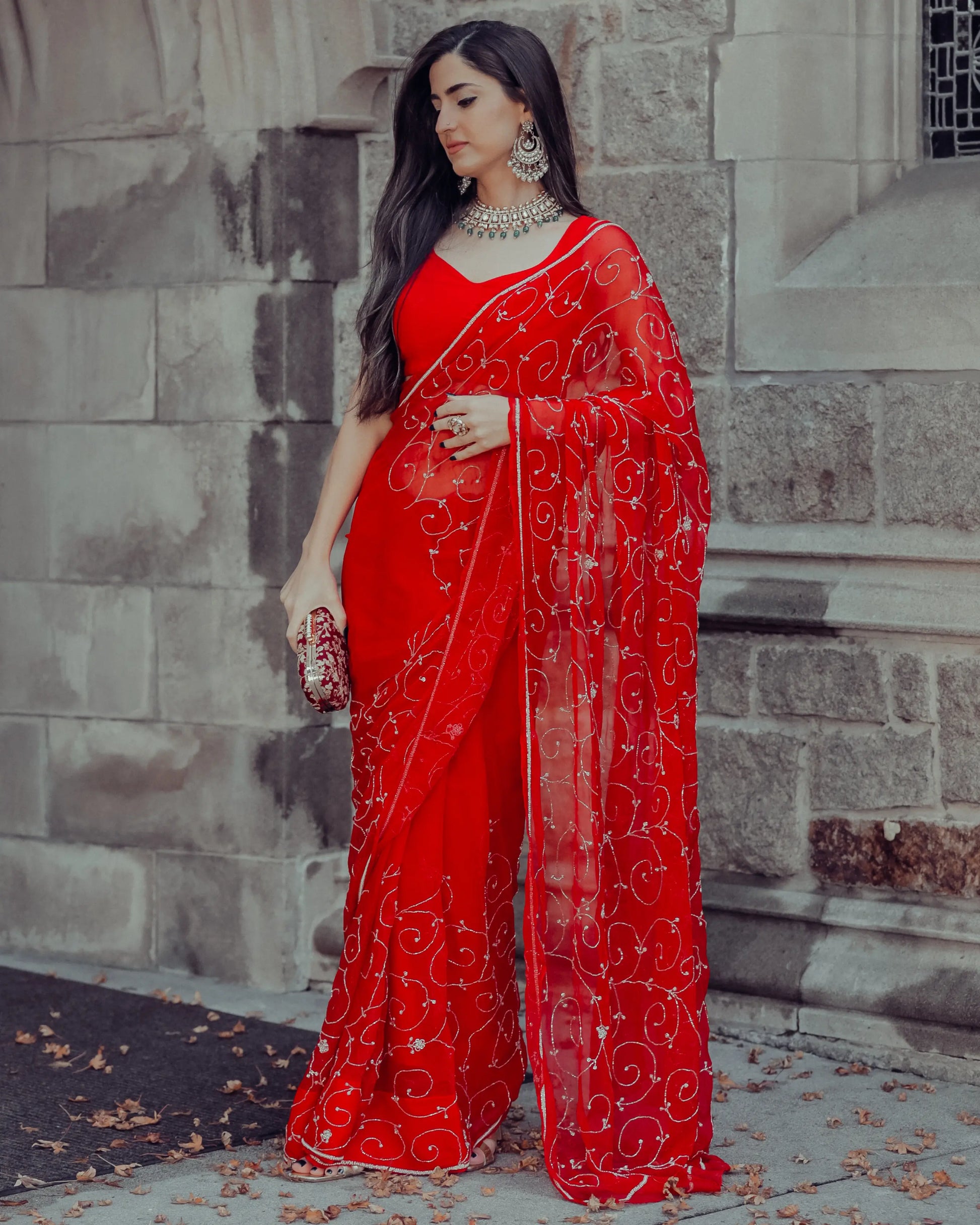 Red Joy Pure Chiffon Saree My Store