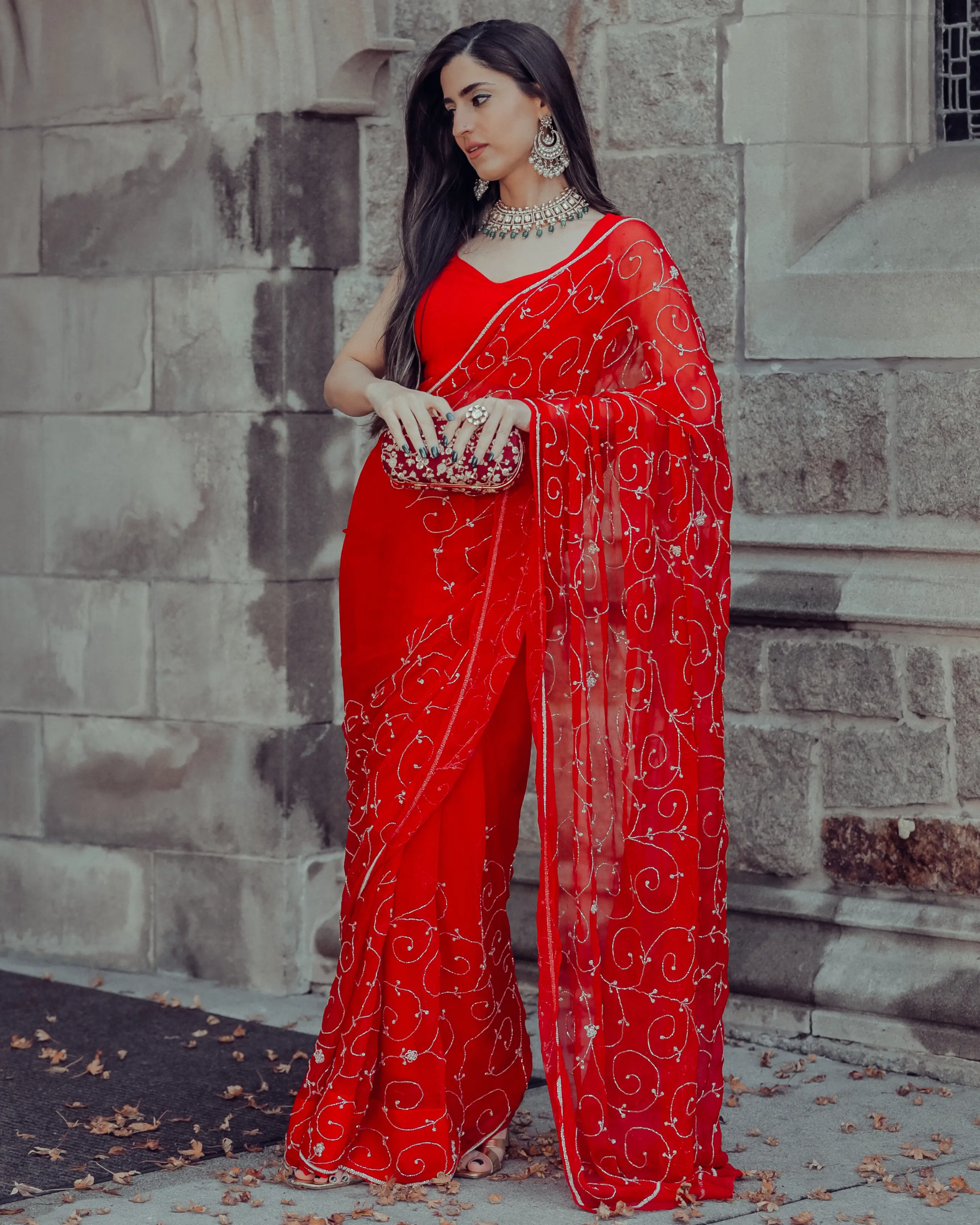 Red Joy Pure Chiffon Saree My Store