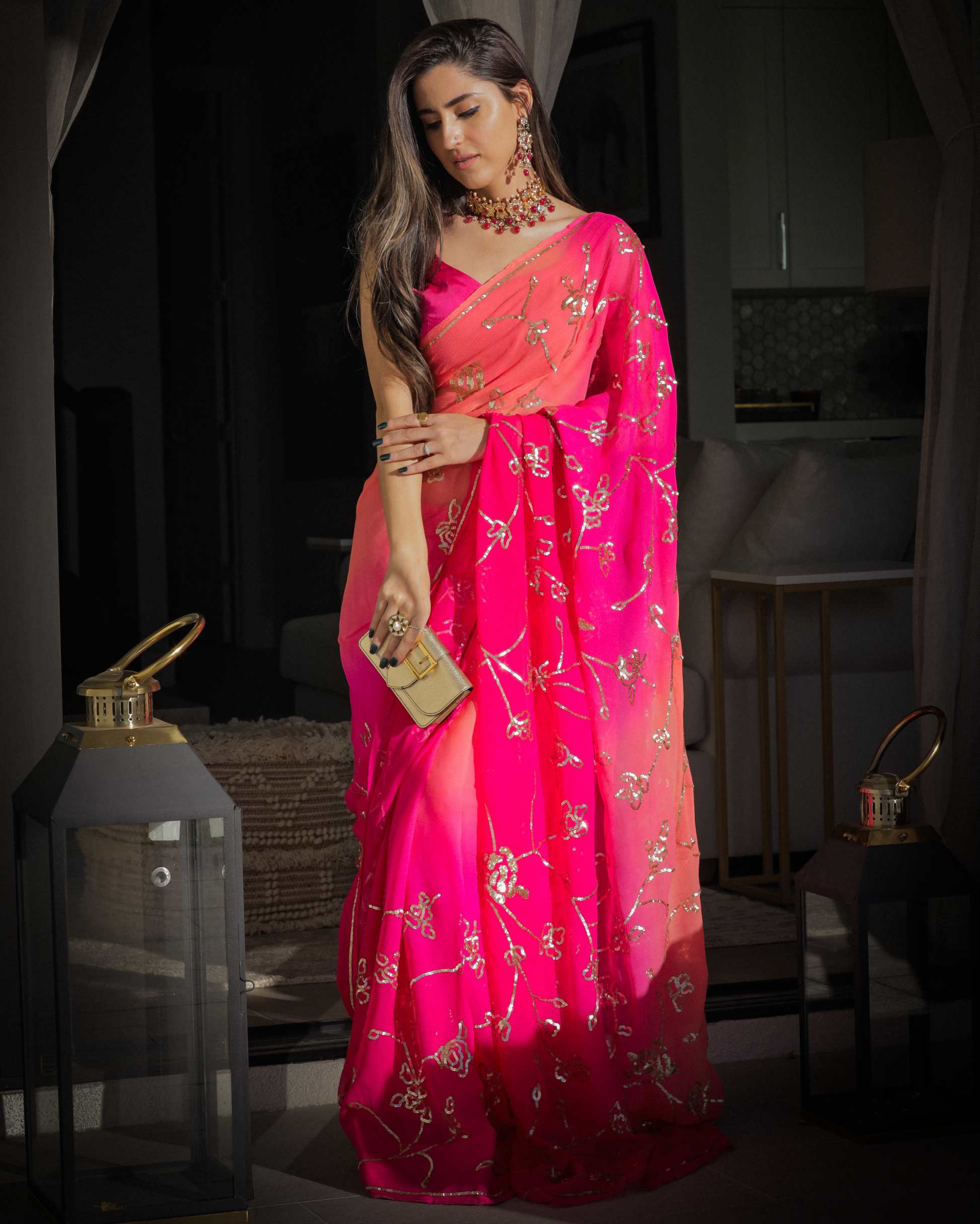 Persian Pink Pure Chiffon Saree Quick Cart