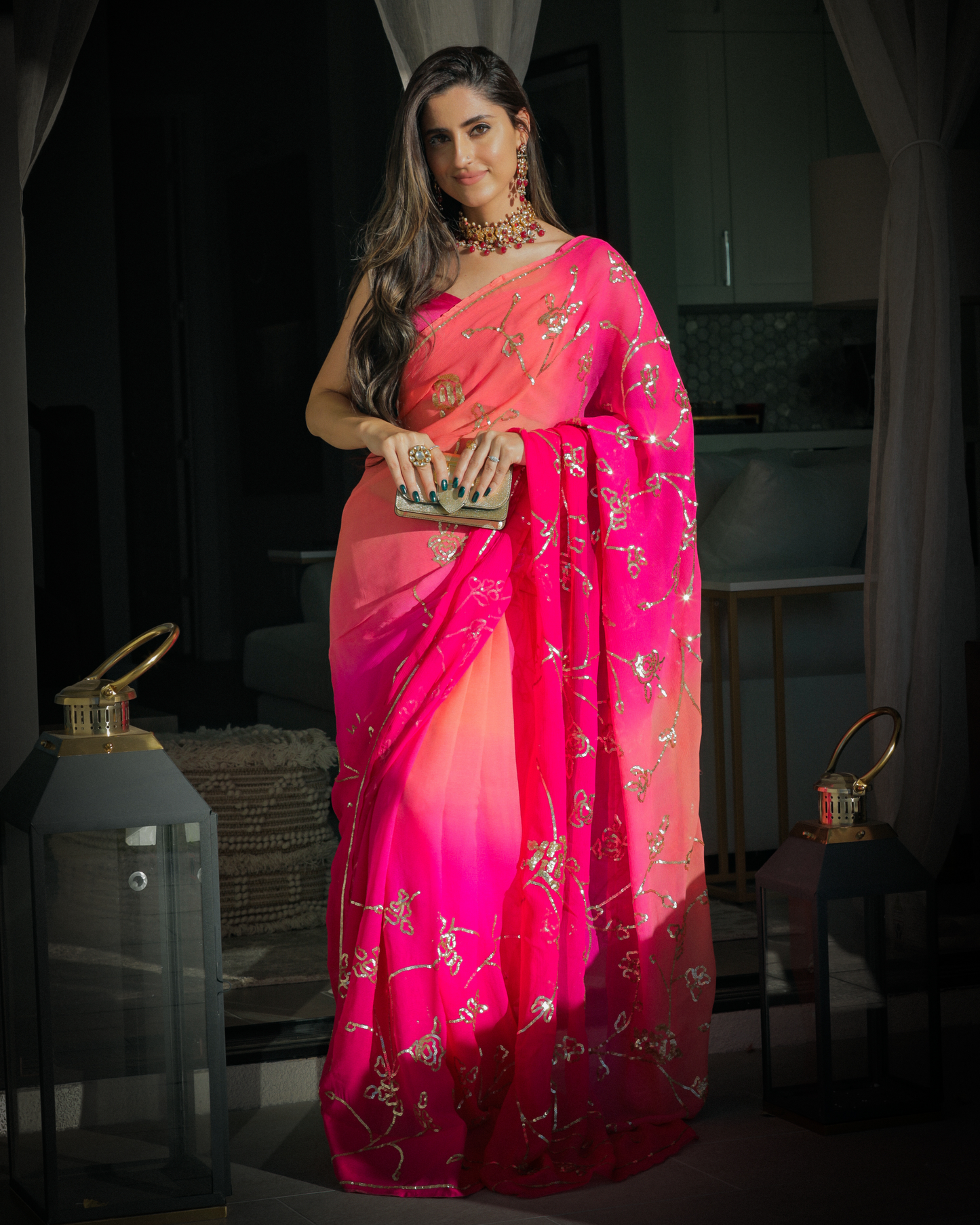 Persian Pink Pure Chiffon Saree Quick Cart