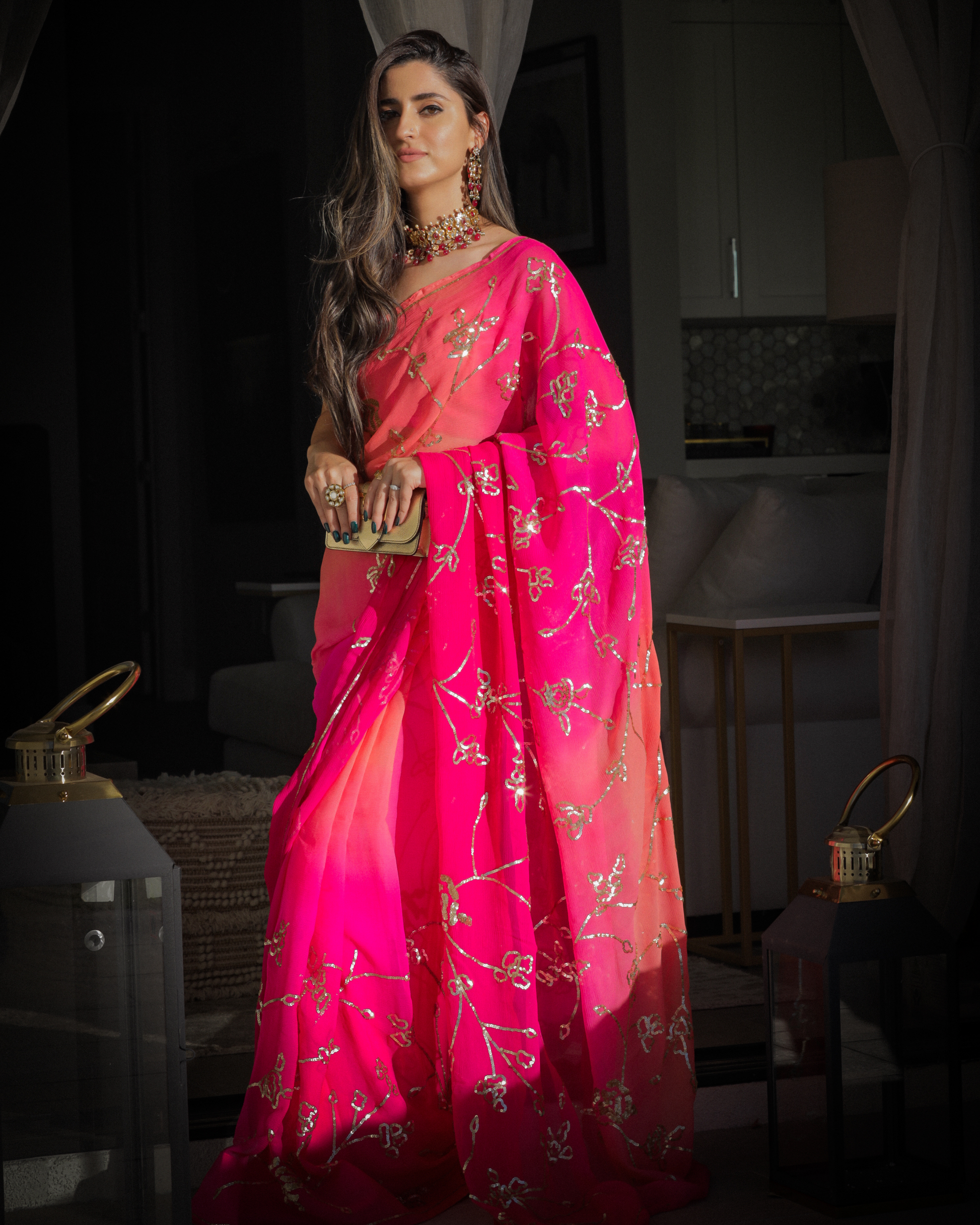 Persian Pink Pure Chiffon Saree Quick Cart