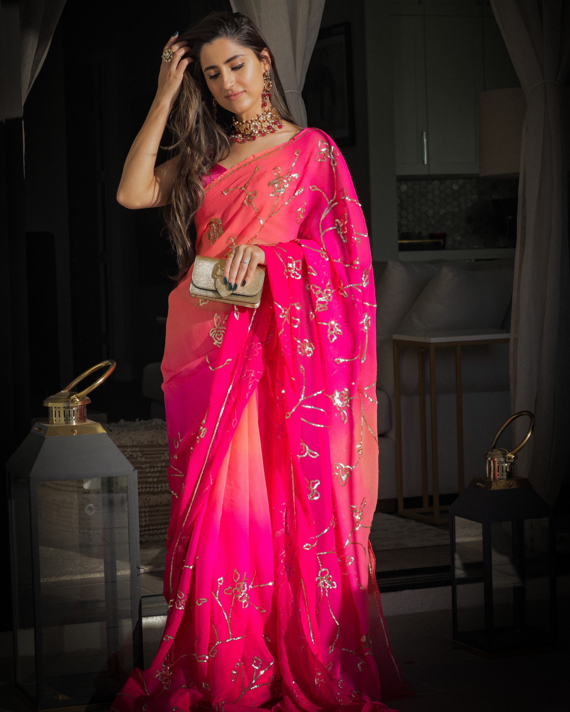 Persian Pink Pure Chiffon Saree Quick Cart