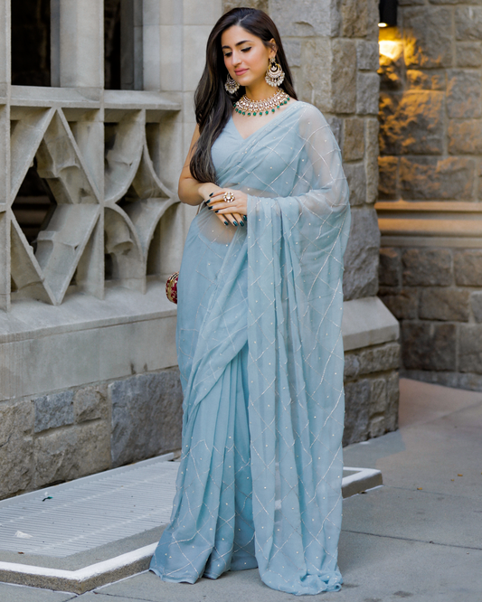 Grey Slate Pure Chiffon Saree My Store