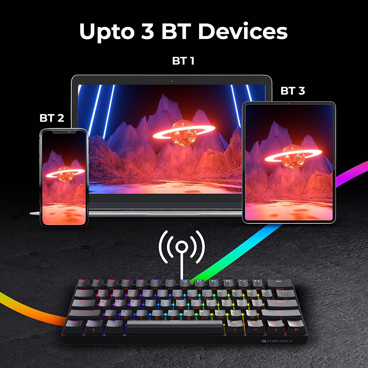 Zebronics Zeb-MAX NINJA 61 keys wireless mechanical keyboard with 3 Bluetooth connections, 2.4GHz Nano receiver, Type Black