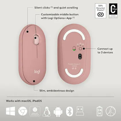 Logitech Pebble M350  Wireless Mouse with Bluetooth Rose
