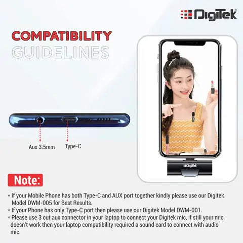 Digitek Wireless microphone DWM 001 - 1 Transmitter Unit 1 Receiver with Type C Connectivity