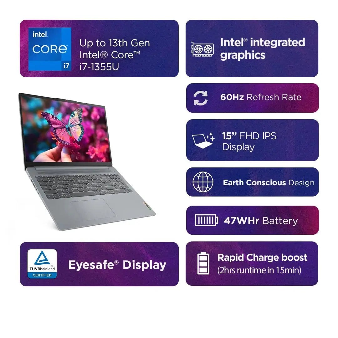 Lenovo IdeaPad Slim 3 Laptop 83ER00KSIN  12th Gen Intel Core i3 Processor/16GB RAM/512GB SSD/Win11/‎Intel HD Graphics Card/‎‎Microsoft Office Home 2024/Screen Inch 15.6/ Arctic Grey