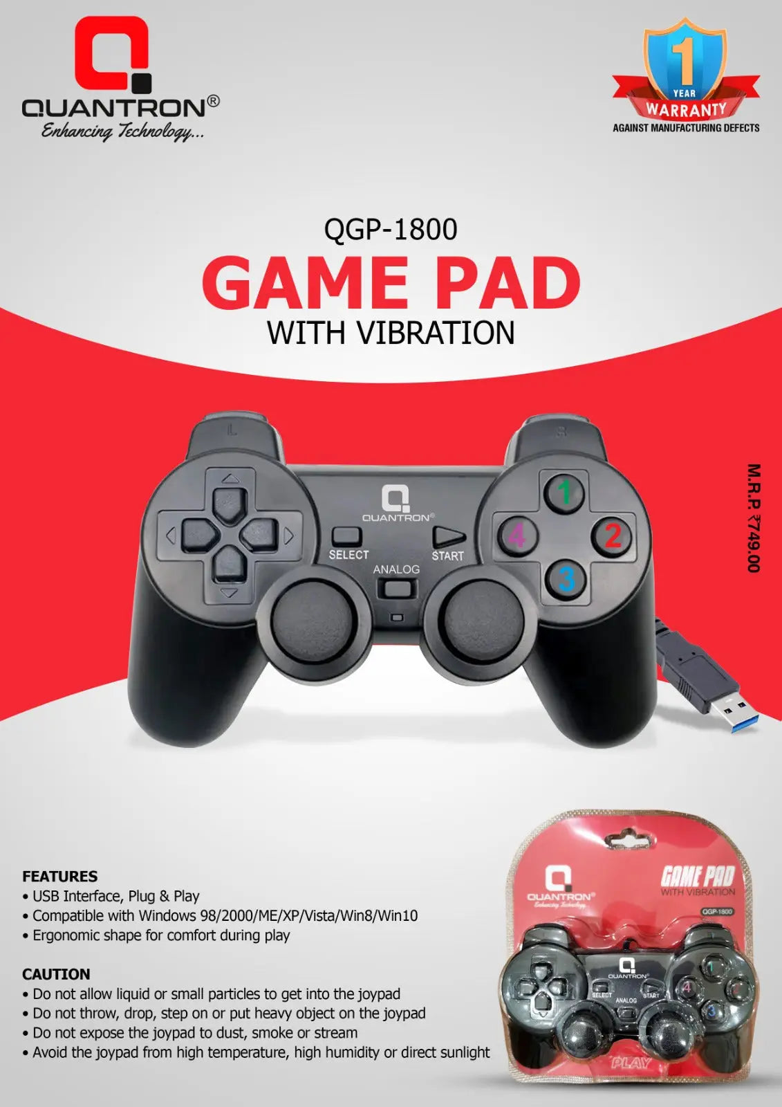 Quantron QGP-1800 USB Wired Gamepad With Vibration mode  Accurate Joysticks Black