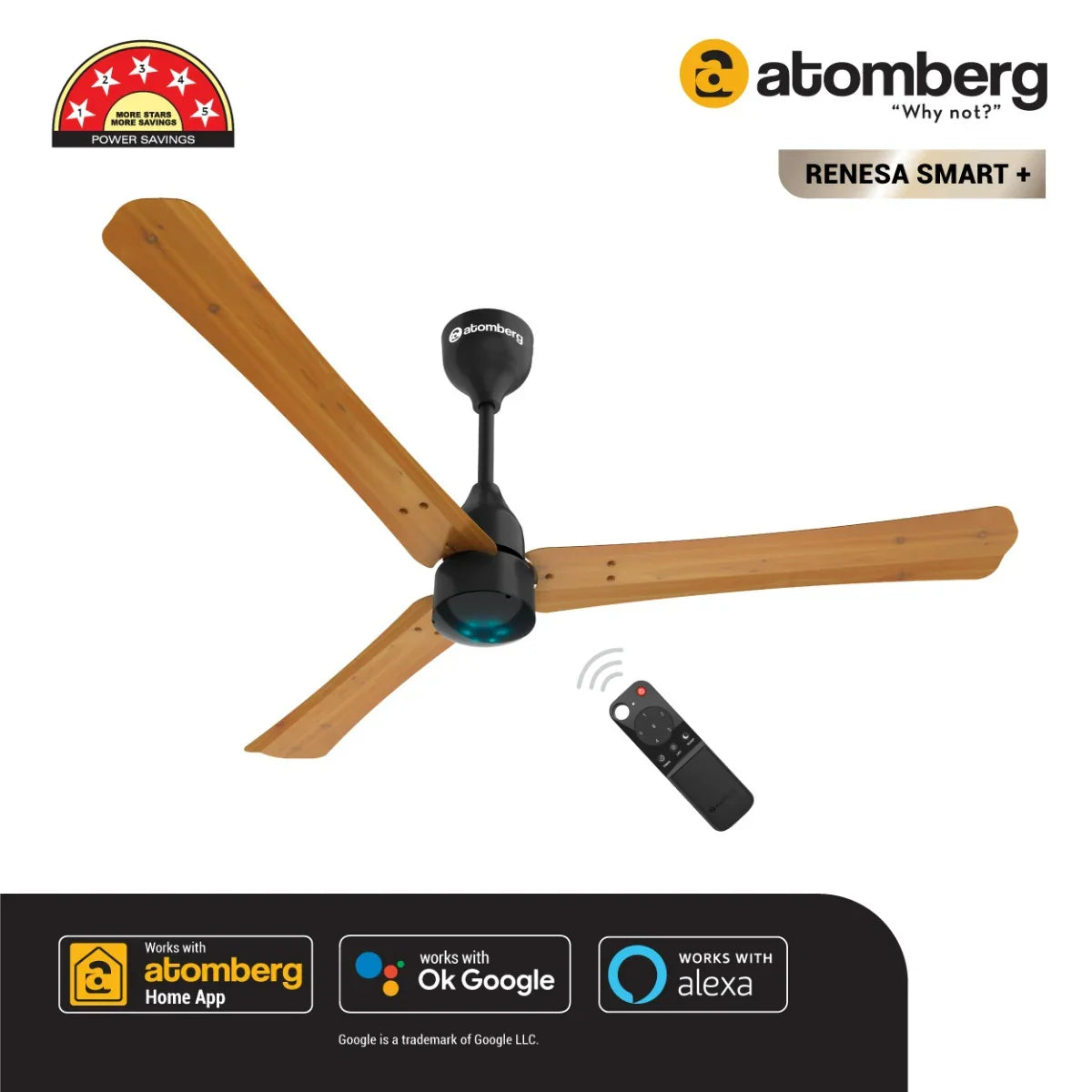 Atomberg Renesa Smart + 1200 mm BLDC Motor with Remote 3 Blade Ceiling Fan Golden Oak Wood
