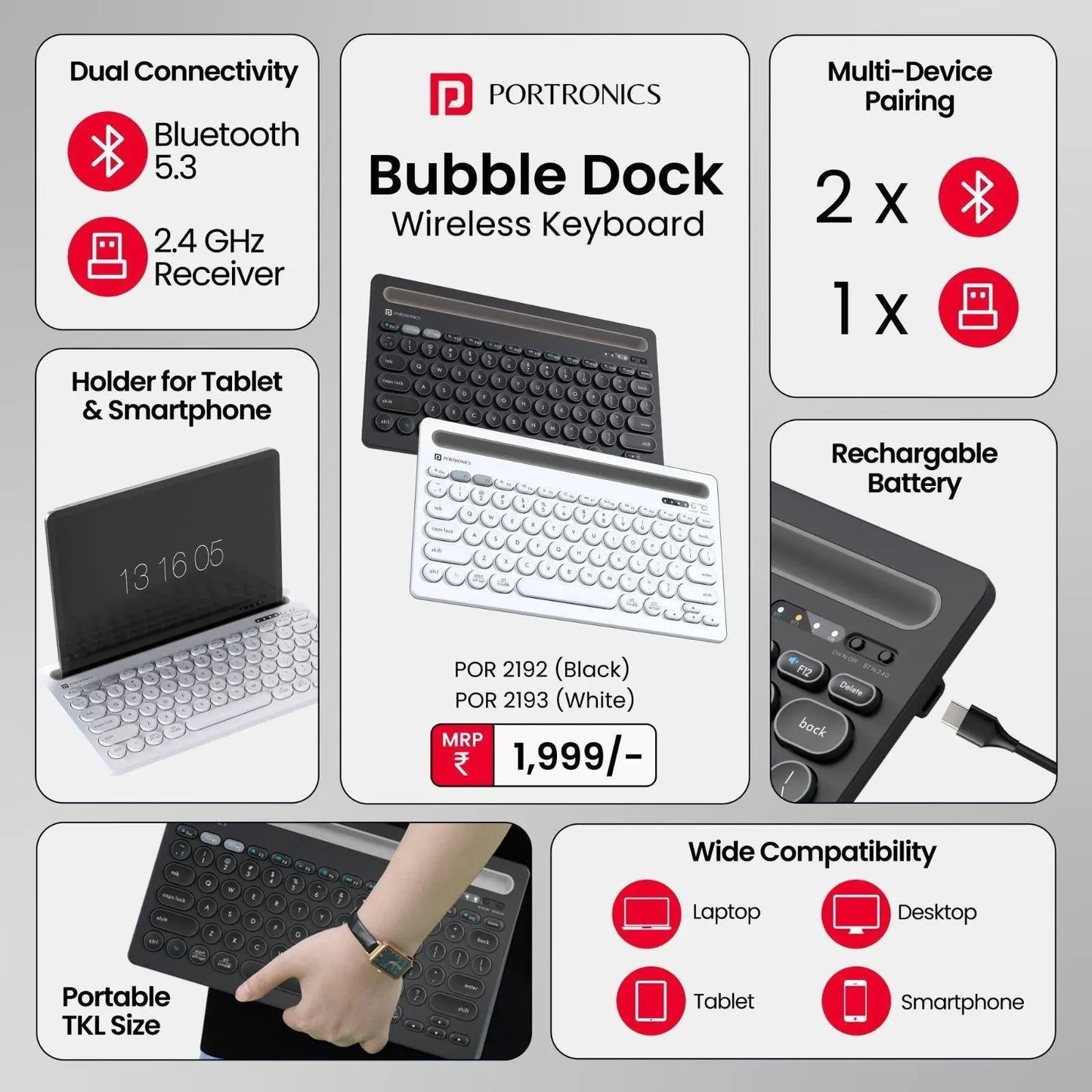 Portronics Bubble Dock Wireless Keyboard with Tablet Holder 2.4 GHz RF & Bluetooth 5.3