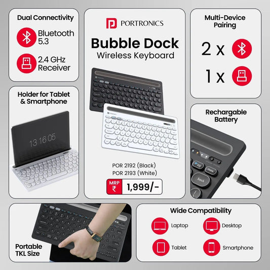 Portronics Bubble Dock Wireless Keyboard with Tablet Holder 2.4 GHz RF & Bluetooth 5.3