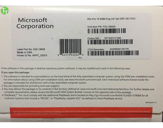 Microsoft Windows 10 Pro  PRO 64 BIT OEM  WINDOWS 10 PRO